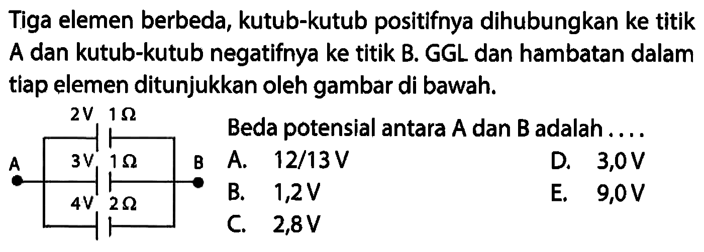Tiga elemen berbeda, kutub-kutub positifnya dihubungkan ke titik A dan kutub-kutub negatifnya ke titik B. GGL dan hambatan dalam tiap elemen ditunjukkan oleh gambar di bawah. 2 V 1 Ohm A 3 V 1 Ohm B 4 V 2 Ohm Beda potensial antara A dan B adalah...