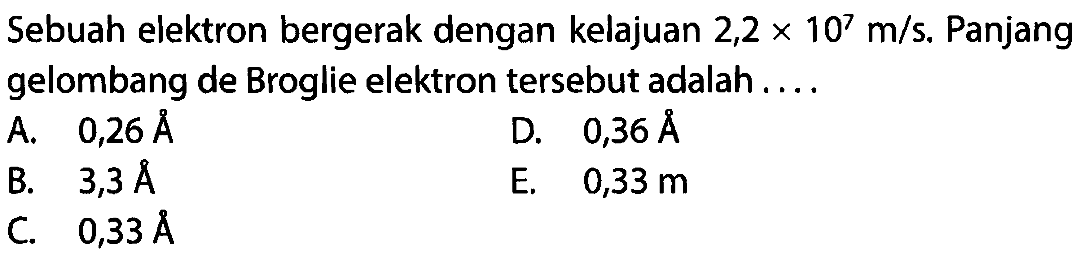 Sebuah elektron bergerak dengan kelajuan 2,2 x 10^7 m/s. Panjang gelombang de Broglie elektron tersebut adalah ....