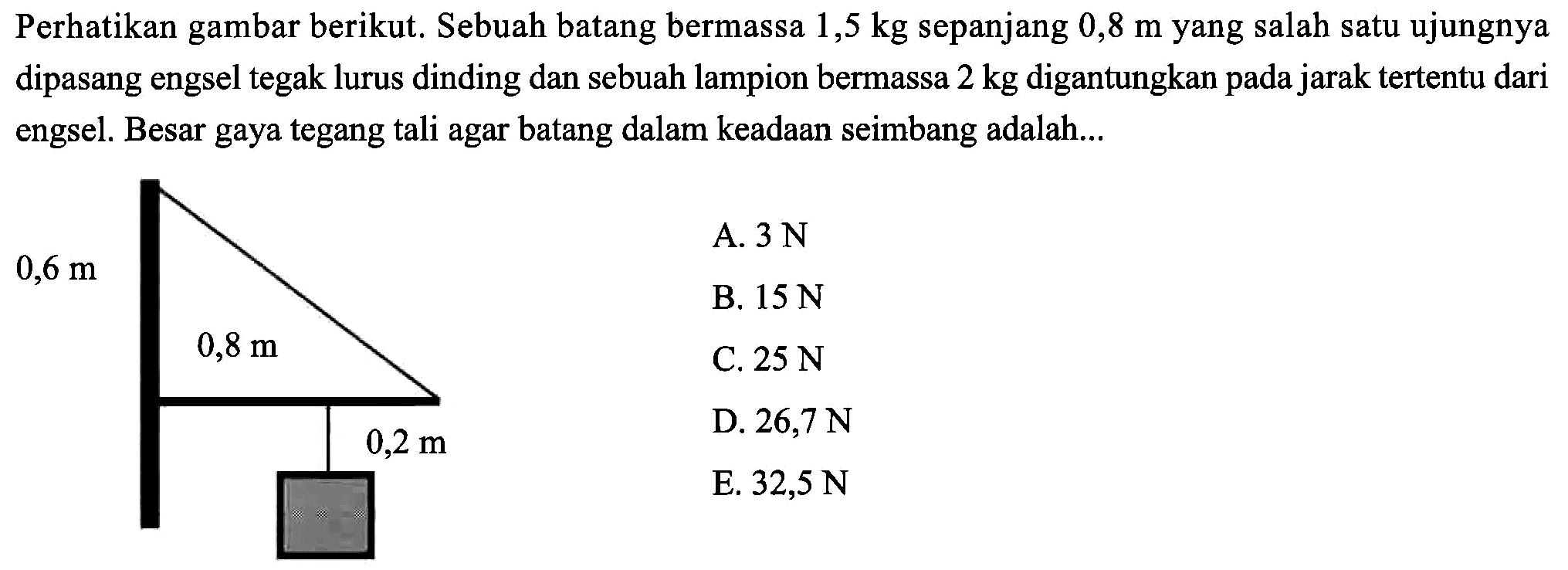 Perhatikan gambar berikut. Sebuah batang bermassa 1,5 kg sepanjang 0,8 m yang salah satu ujungnya dipasang engsel tegak lurus dinding dan sebuah lampion bermassa 2 kg digantungkan pada jarak tertentu dari engsel. Besar gaya tegang tali agar batang dalam keadaan seimbang adalah... 