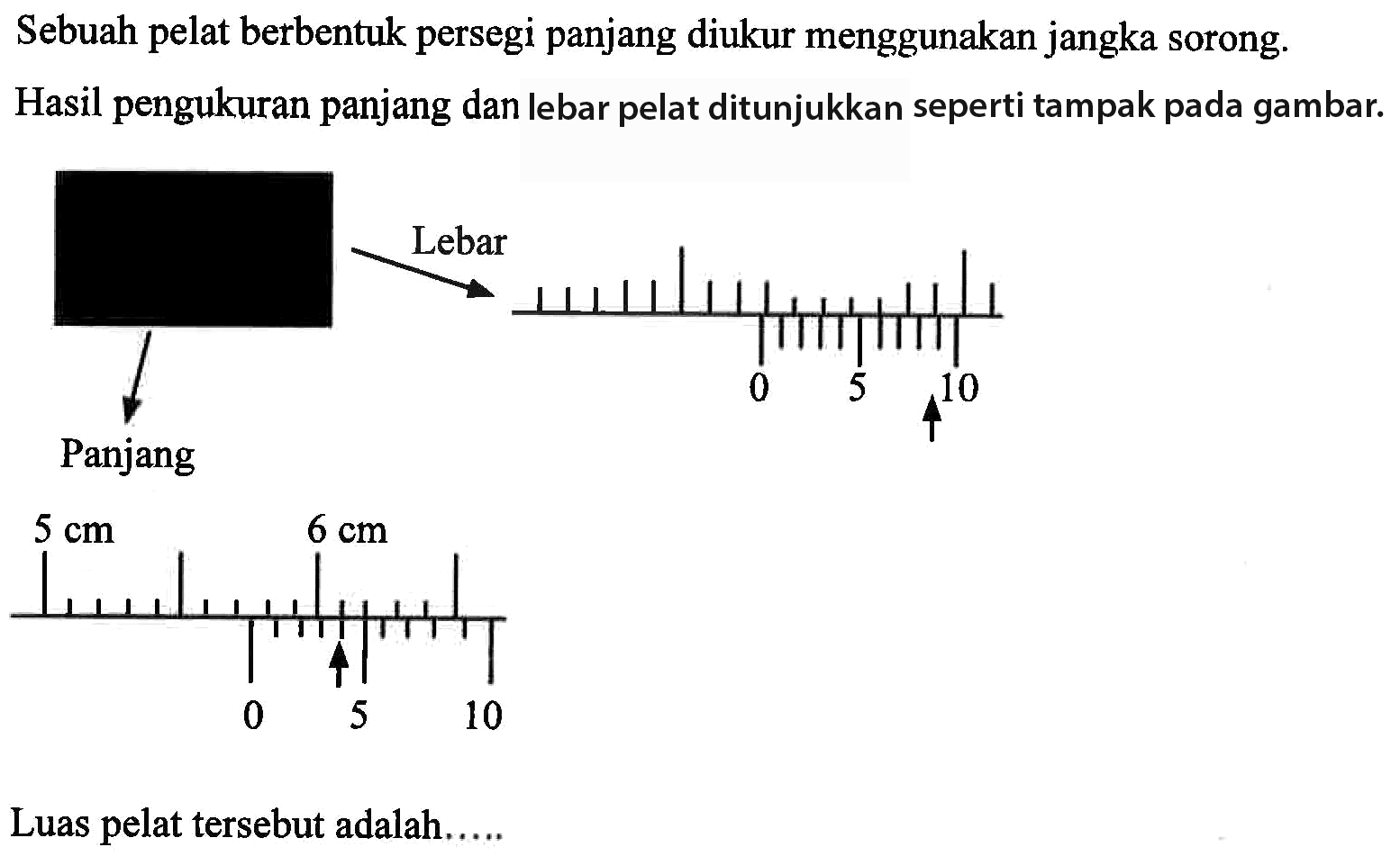 Sebuah pelat berbentuk persegi panjang diukur menggunakan jangka sorong. Hasil pengukuran panjang dan lebar pelat ditunjukkan seperti tampak pada gambar. 
Lebar 0 5 10 Panjang 5 cm 6 cm 0 5 10 Luas pelat tersebut adalah