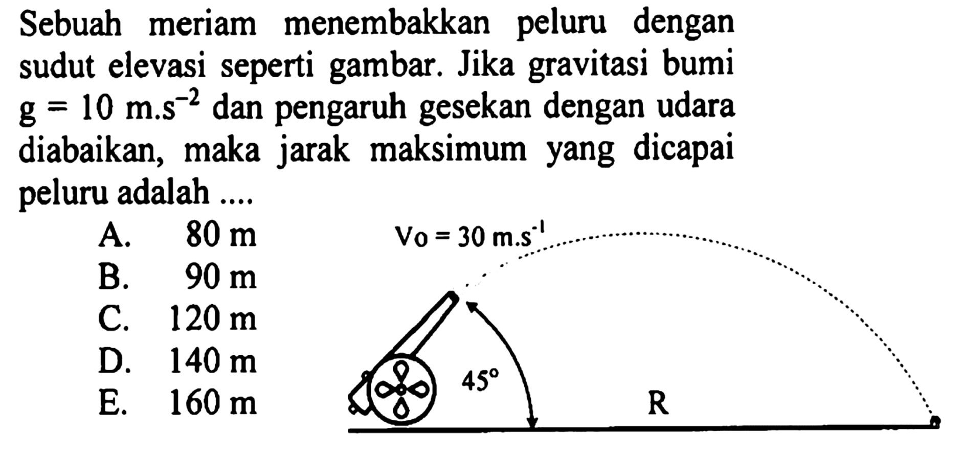 Sebuah meriam menembakkan peluru dengan sudut elevasi seperti gambar. Jika gravitasi bumi  g=10 m . s^(-2) dan pengaruh gesekan dengan udara diabaikan, maka jarak maksimum yang dicapai peluru adalah .... V0=30 m . s^(-1) 45