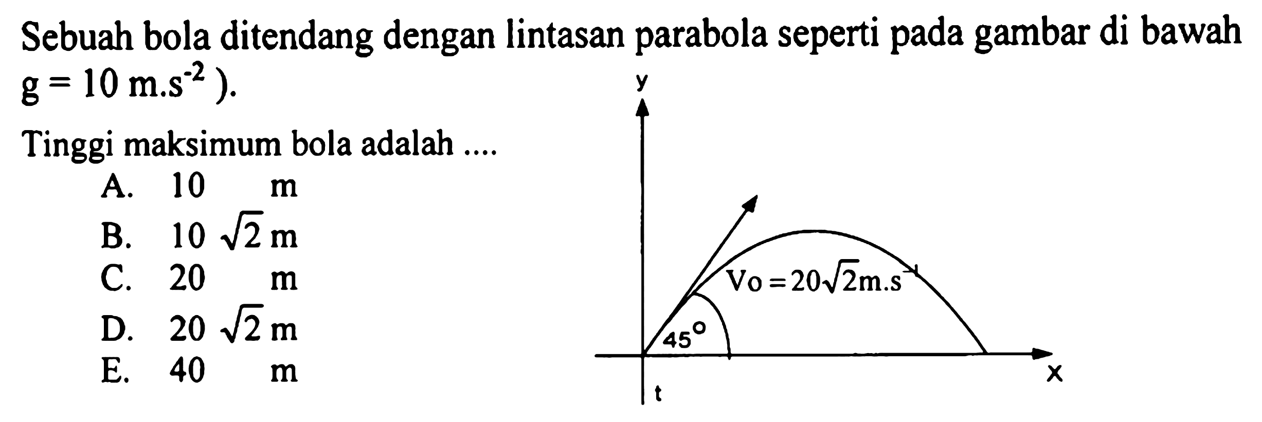 Sebuah bola ditendang dengan lintasan parabola seperti pada gambar di bawah g=10 m.s^(-2)). y V0=20 akar(2) m.s^(-1) 45 t x Tinggi maksimum bola adalah .... 