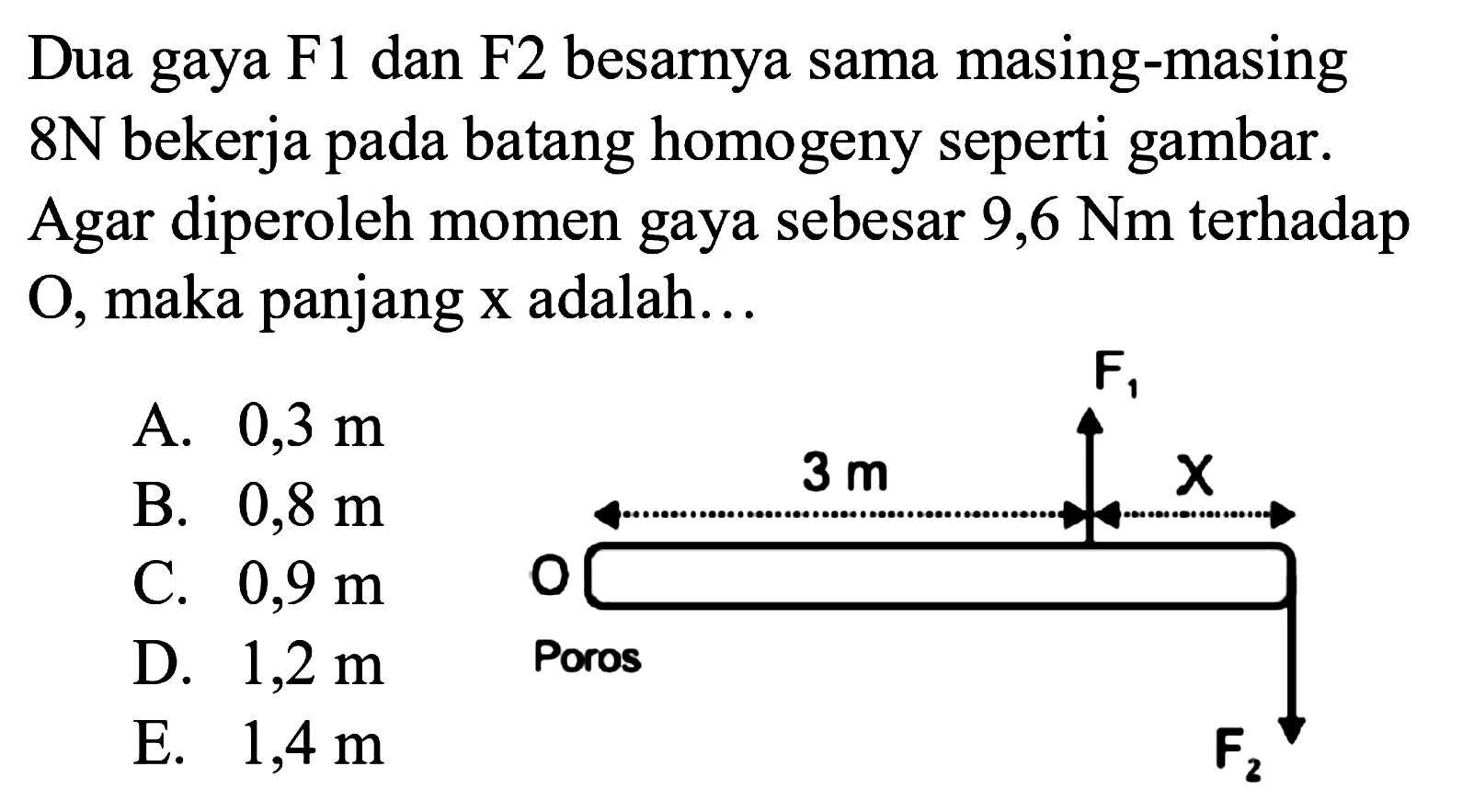 Dua gaya F1 dan F2 besarnya sama masing-masing 8 N bekerja pada batang homogeny seperti gambar. Agar diperoleh momen gaya sebesar 9,6 Nm terhadap O, maka panjang x adalah...O Poros 3 m F1 X F2