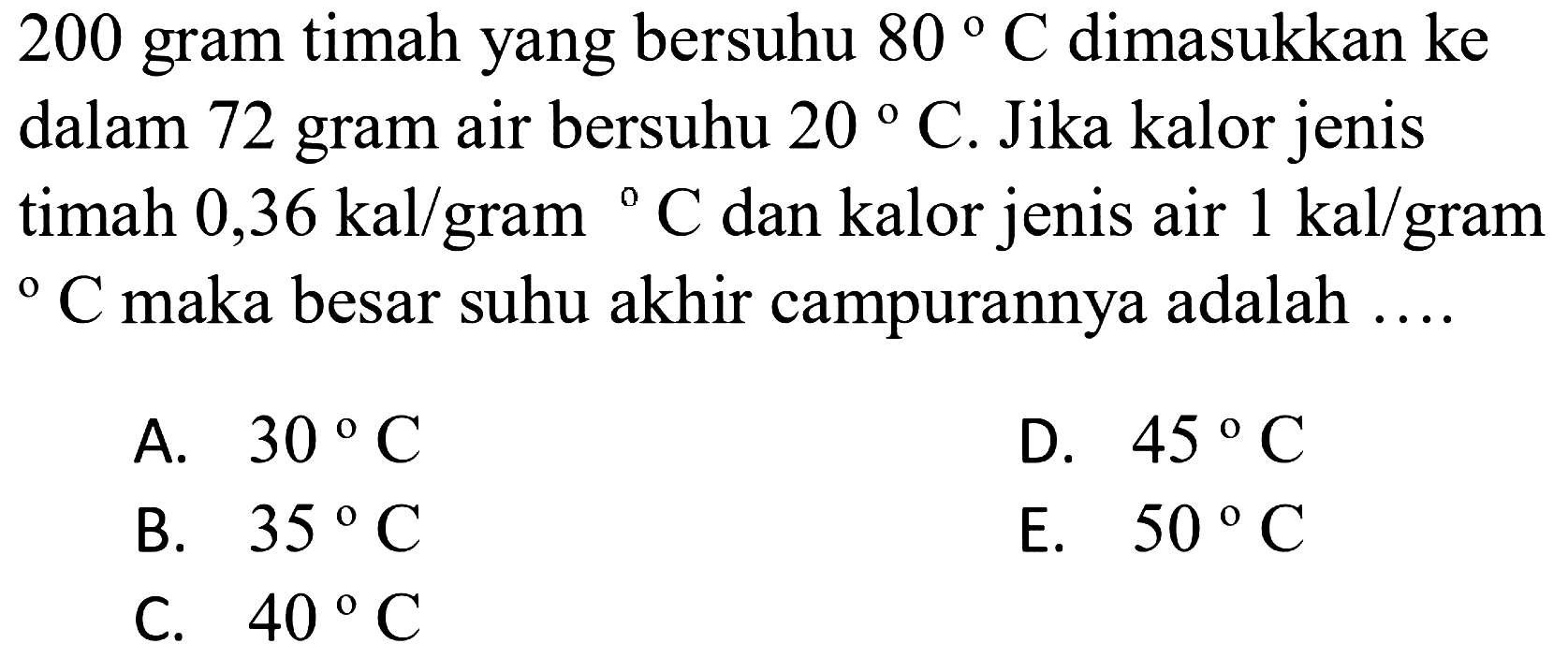 200 gram timah yang bersuhu 80 C dimasukkan ke dalam 72 gram air bersuhu 20 C. Jika kalor jenis gram timah 0,36 kal/gram C dan kalor jenis air 1 kal/gram C maka besar suhu akhir campurannya adalah