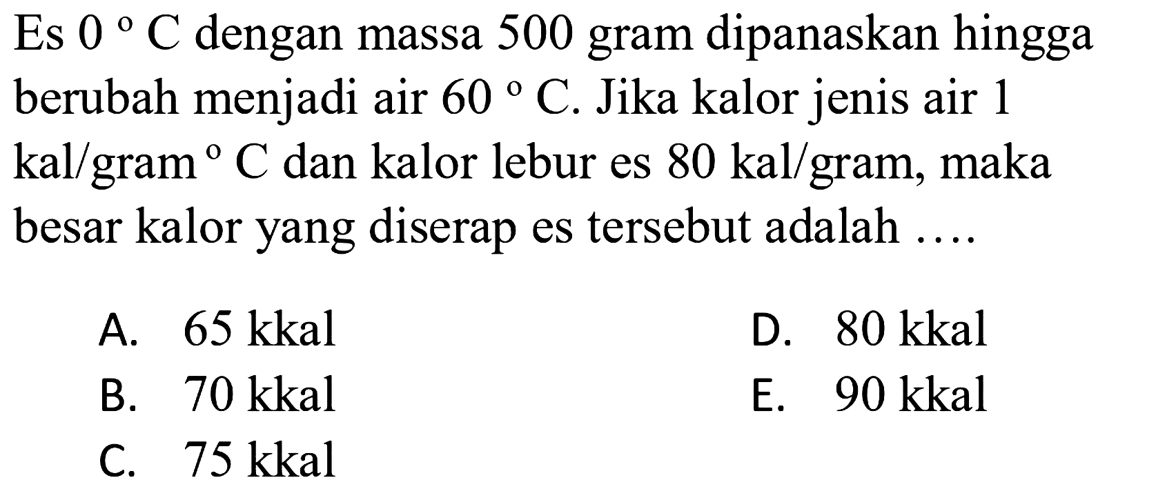 Es 0 C dengan massa 500 gram dipanaskan hingga berubah menjadi air 60 C. Jika kalor jenis air 1 kal/gram C dan kalor lebur es 80 kal/gram, maka besar kalor yang diserap es tersebut adalah 
