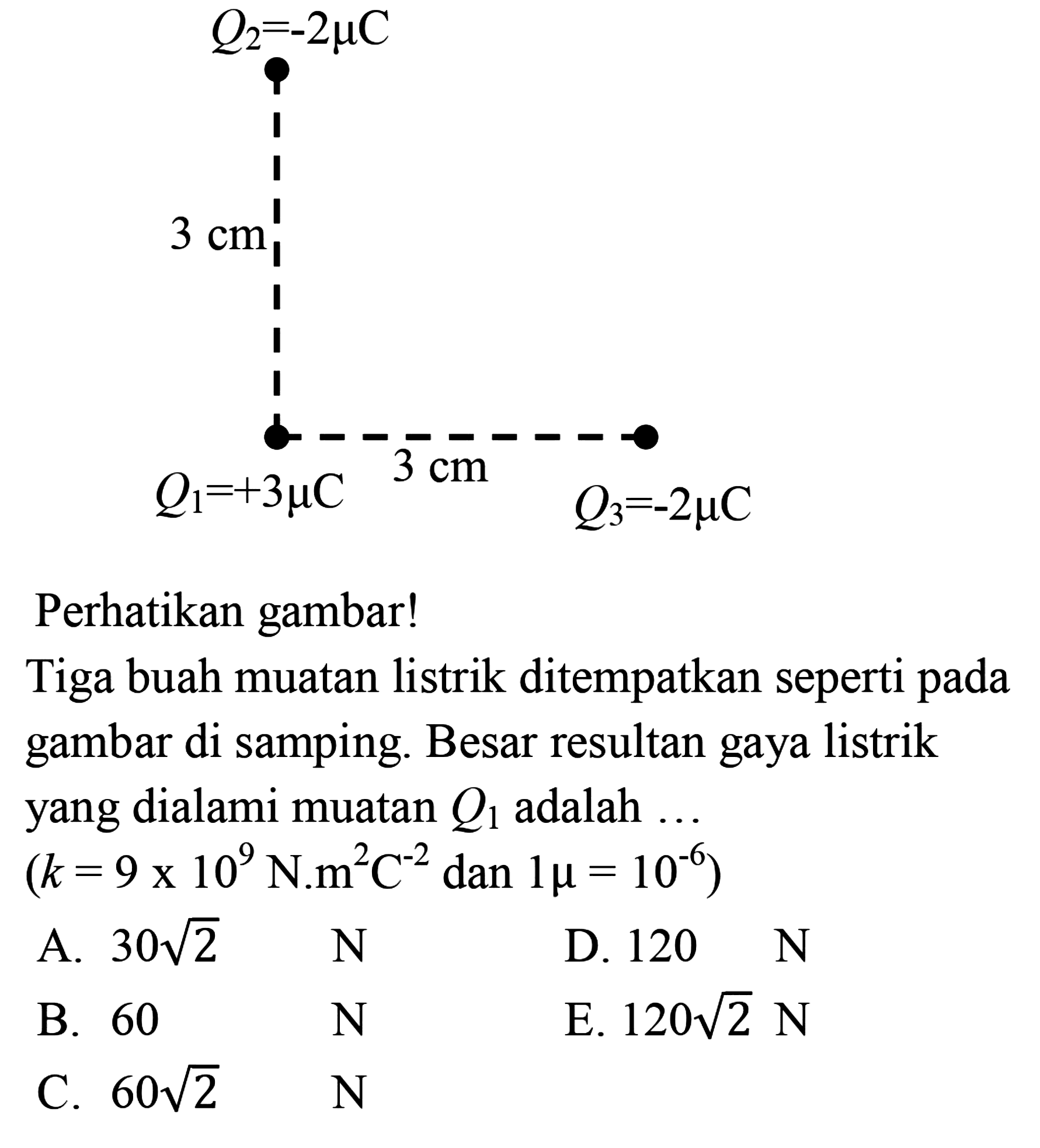 Perhatikan gambar! Tiga buah muatan listrik ditempatkan seperti pada gambar di samping. Besar resultan gaya listrik yang dialami muatan Q1 adalah (k=9x10^9 N.m^2c^-2 dan 1 mu=10^-6)