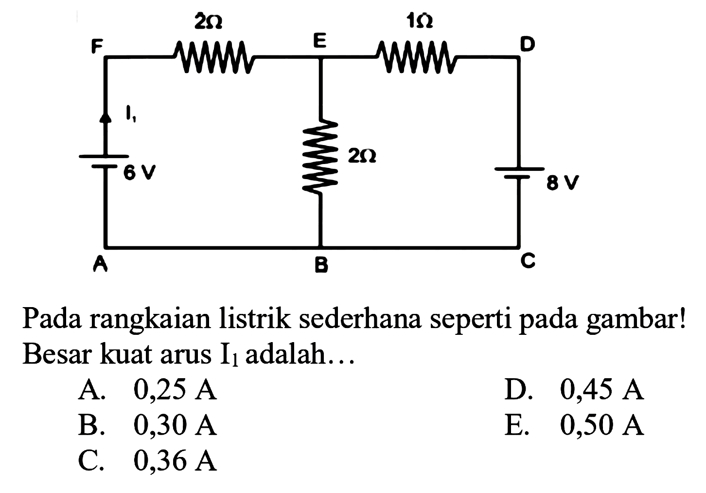 Pada rangkaian listrik sederhana seperti pada gambar! Besar kuat arus  I1  adalah...