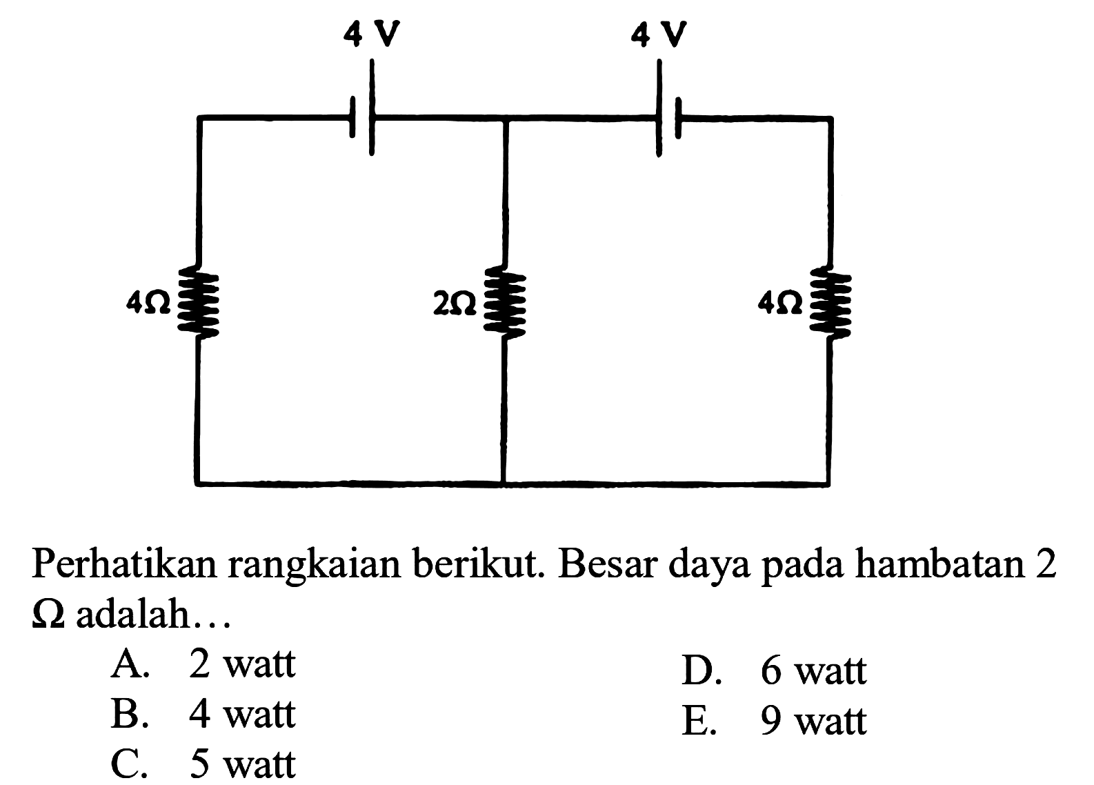 Perhatikan rangkaian berikut. 4 V 4 V 4 ohm 2 ohm 4 ohm Besar daya pada hambatan 2 ohm  adalah...