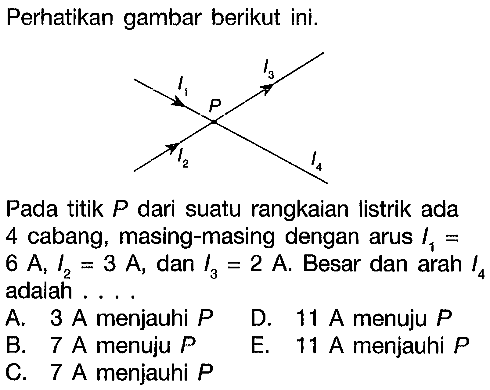 Perhatikan gambar berikut ini.I1 P I3 I2 I4Pada titik P dari suatu rangkaian listrik ada 4 cabang, masing-masing dengan arus I1 = 6 A, I2 = 3 A , dan I3 = 2 A. Besar dan arah  I4  adalah ....