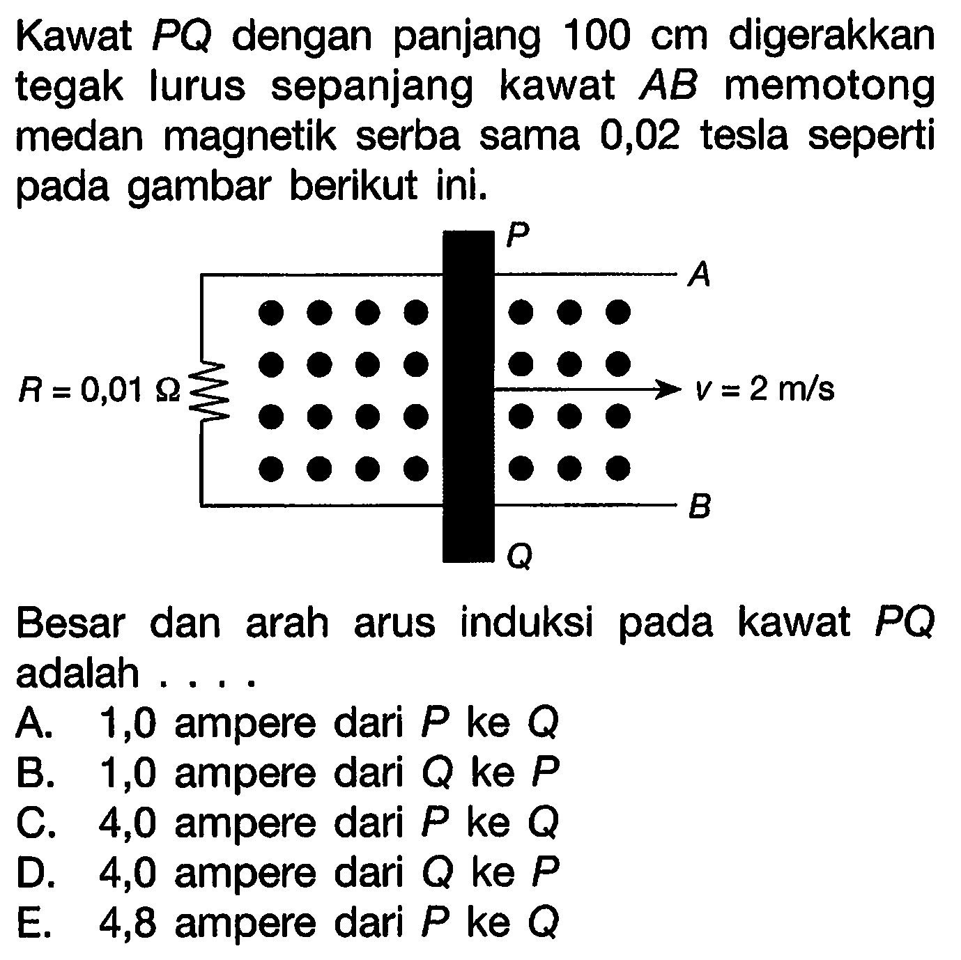 Kawat PQ dengan panjang 100 cm digerakkan tegak lurus sepanjang kawat AB memotong medan magnetik serba sama 0,02 tesla seperti pada gambar berikut ini. P A R=0,01 ohm v=2 m/s Q B Besar dan arah arus induksi pada kawat PQ adalah .... 