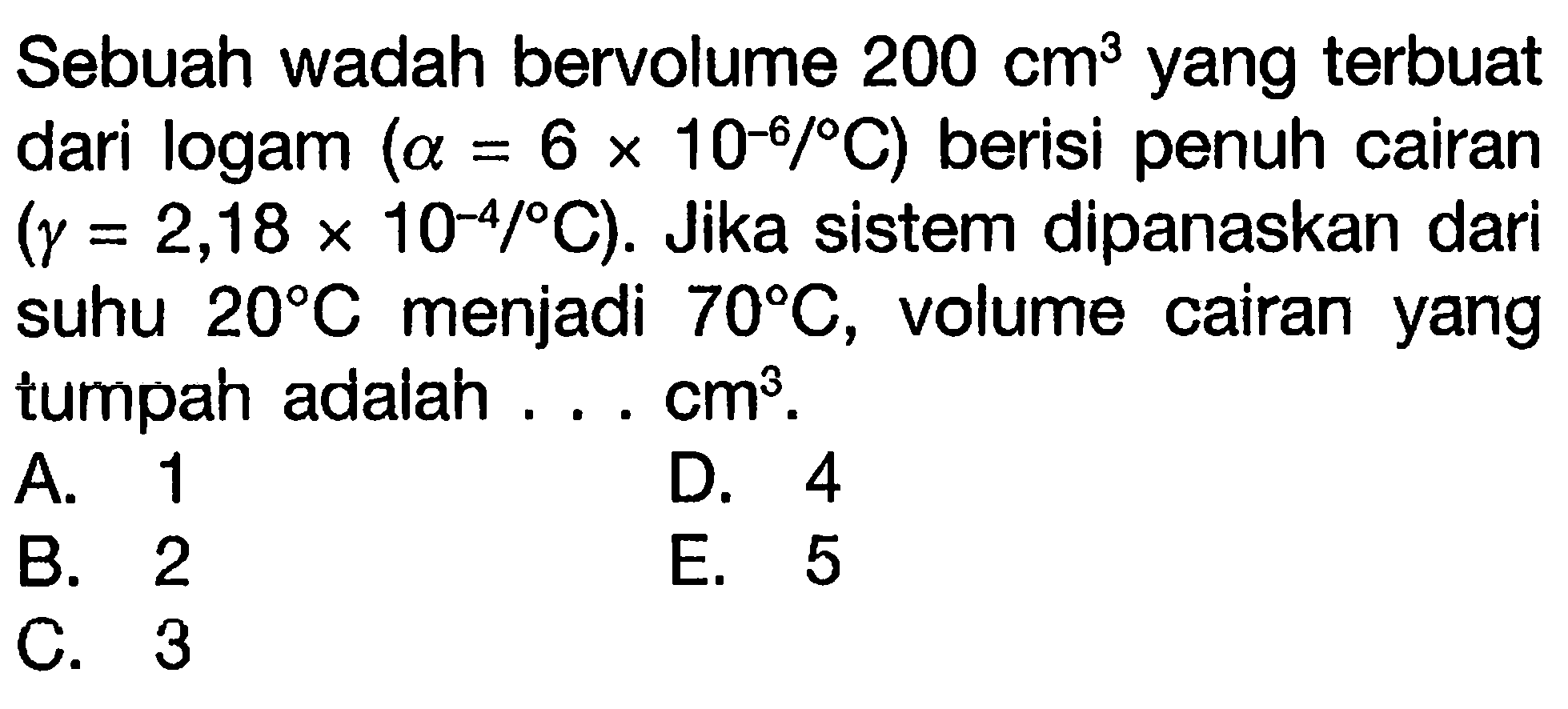 Sebuah wadah bervolume 200 cm^3 yang terbuat dari logam (alpha=6 x 10^(-6)/C) berisi penuh cairan (gamma=2,18 x 10^(-4)/C). Jika sistem dipanaskan dari suhu 20 C menjadi 70 C, volume cairan yang tumpah adalah ... cm^3.