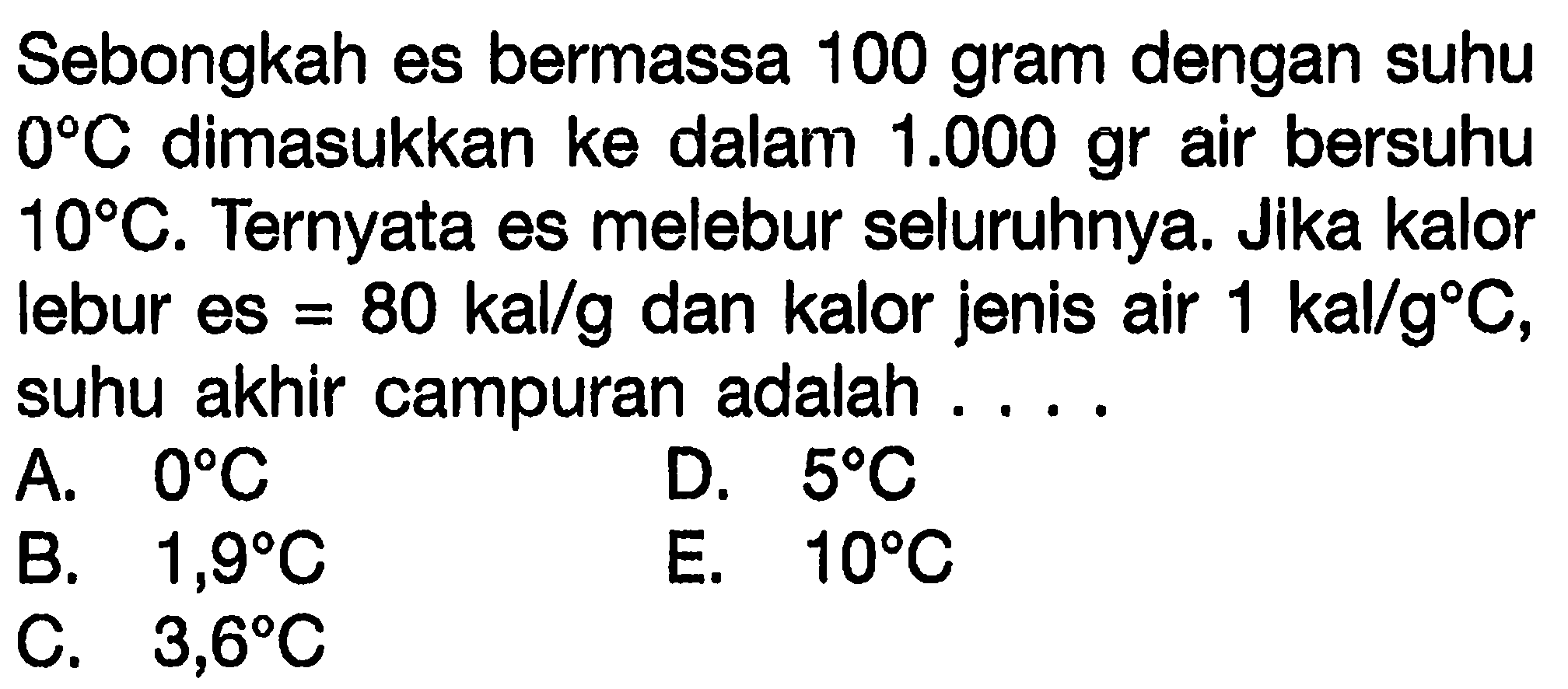 Sebongkah es bermassa 100 gram dengan suhu 0 C dimasukkan ke dalam 1.000 gr air bersuhu 10 C. Ternyata es melebur seluruhnya. Jika kalor lebur es = 80 kal/g dan kalor jenis air 1 kal/(g C), suhu akhir campuran adalah