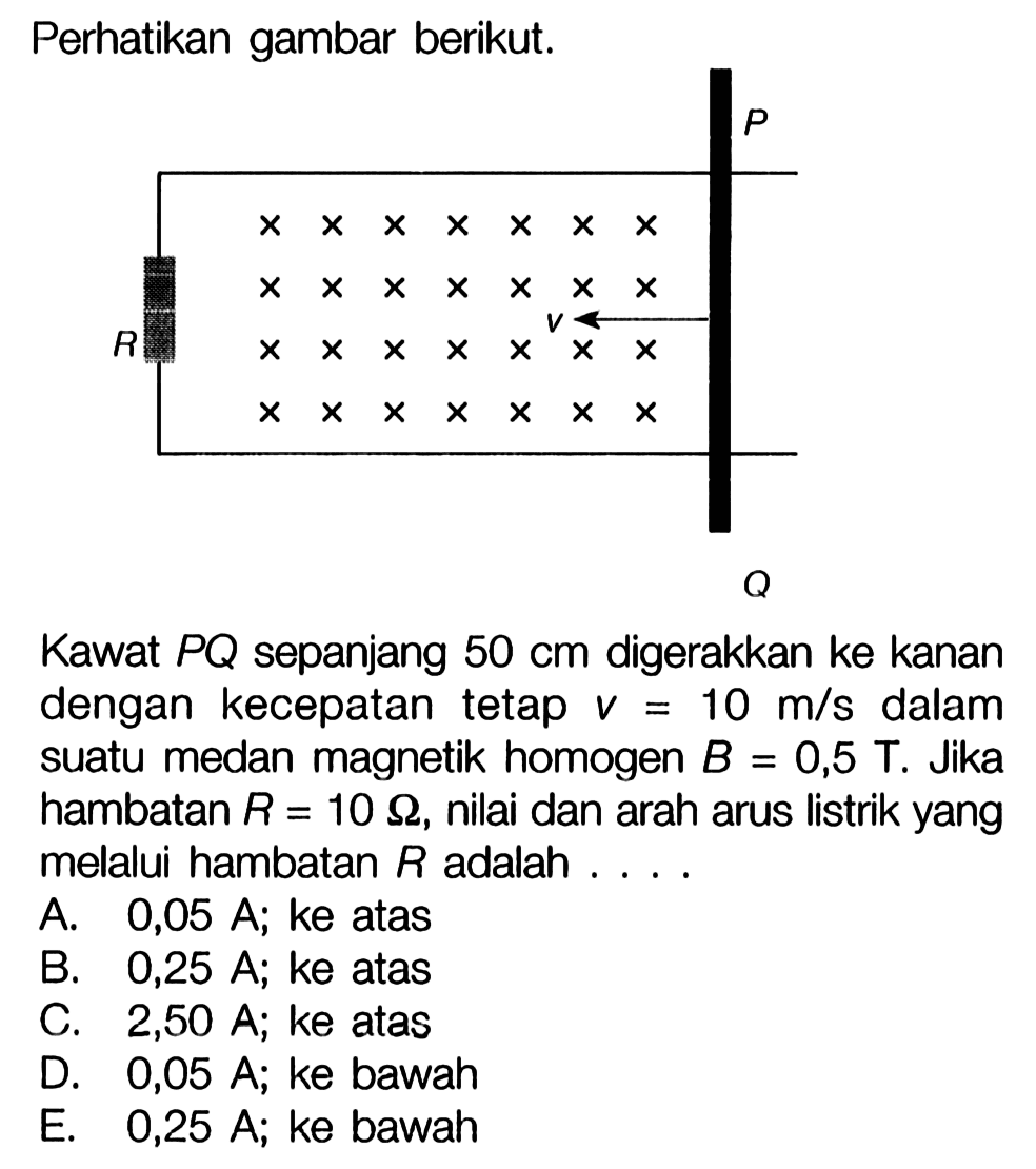 Perhatikan gambar berikut. 
P v R Q 
Kawat PQ sepanjang 50 cm digerakkan ke kanan dengan kecepatan tetap v = 10 m/s dalam suatu medan magnetik homogen B = 0,5 T. Jika hambatan R = 10 ohm, nilai dan arah arus listrik yang melalui hambatan R adalah 
A. 0,05 A; ke atas B. 0,25 A; ke atas C. 2,50 A; ke atas D. 0,05 A; ke bawah E. 0,25 A; ke bawah 