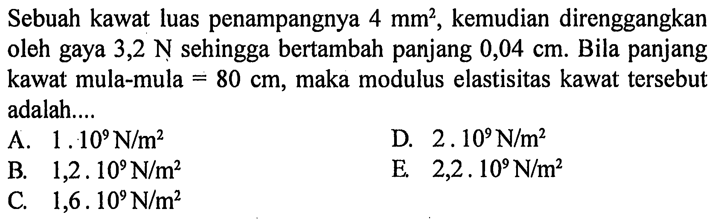 Sebuah kawat luas penampangnya 4 mm^2, kemudian direnggangkan oleh gaya 3,2 N sehingga bertambah panjang 0,04 cm. Bila panjang kawat mula-mula =80 cm, maka modulus elastisitas kawat tersebut adalah....