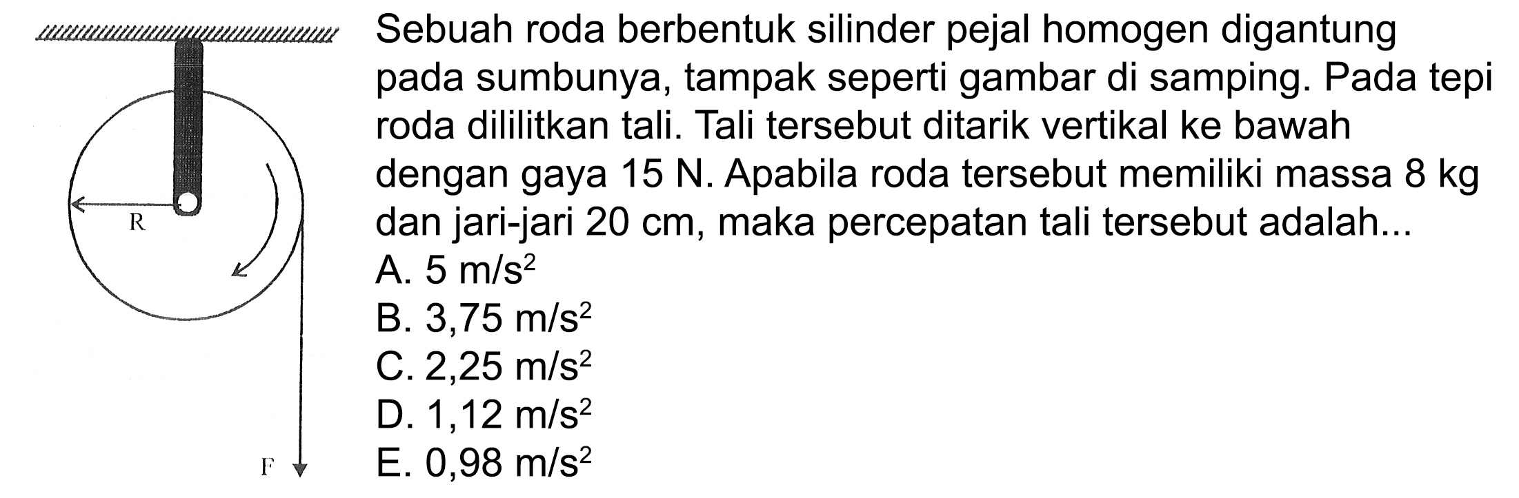 Sebuah roda berbentuk silinder pejal homogen digantung pada sumbunya, tampak seperti gambar di samping. Pada tepi roda dililitkan tali. Tali tersebut ditarik vertikal ke bawah dengan gaya  15 N . Apabila roda tersebut memiliki massa  8 kg  dan jari-jari  20 cm , maka percepatan tali tersebut adalah... R F  