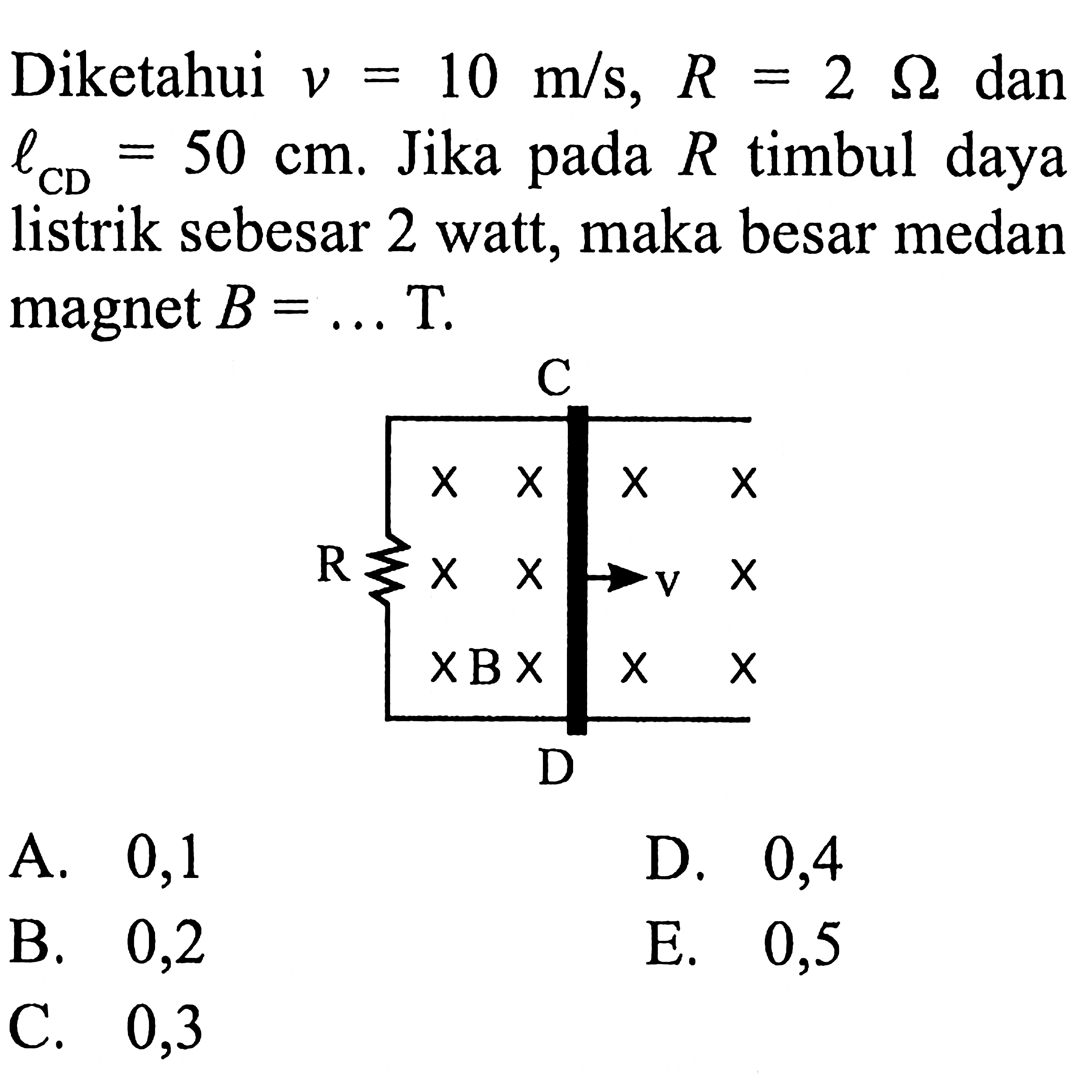 Diketahui v=10 m/s, R=2 ohm dan l CD=50 cm. Jika pada R timbul daya listrik sebesar 2 watt, maka besar medan magnet B=... T. C X X X X R X X v X X B X X X D 