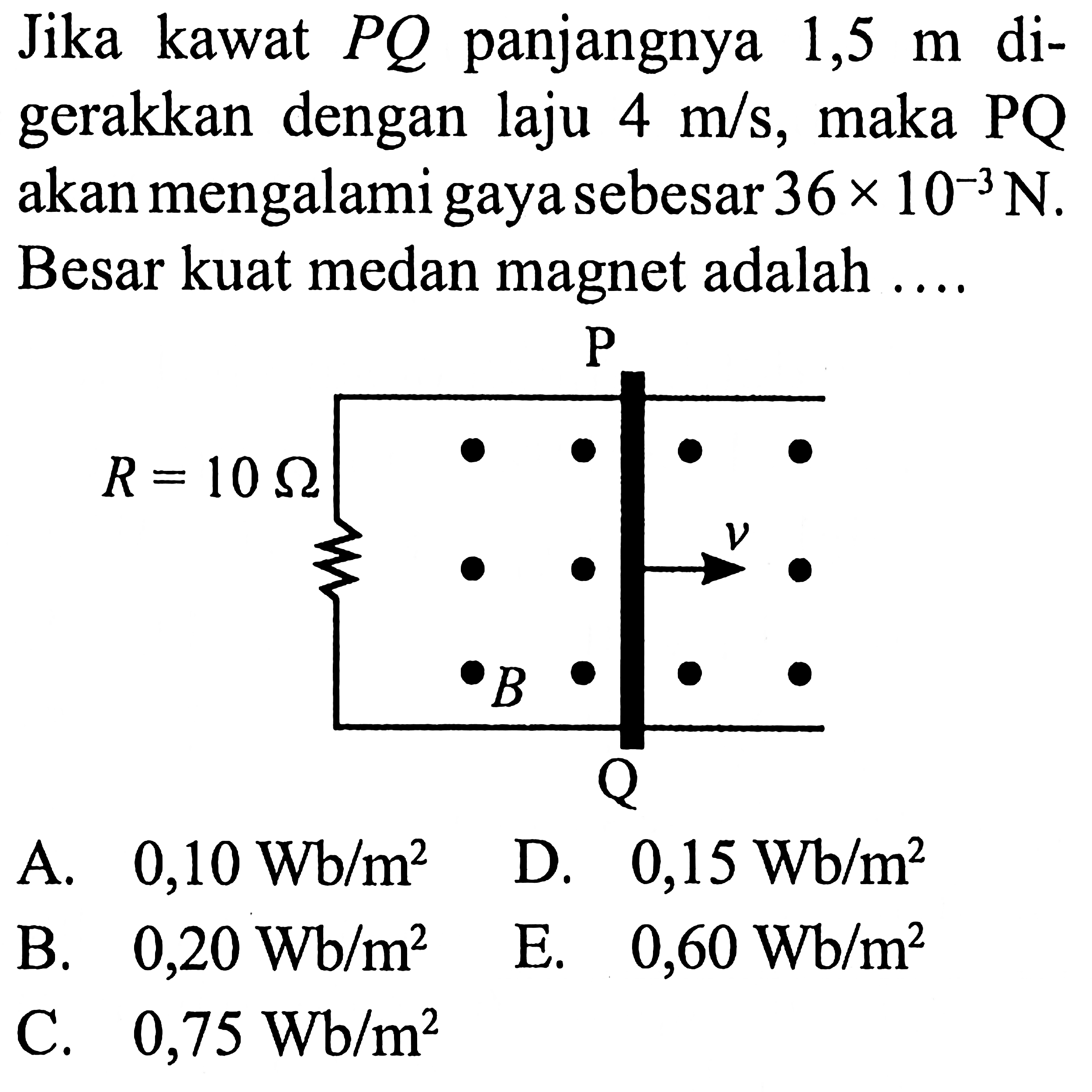 Jika kawat PQ panjangnya 1,5 m digerakkan dengan laju 4 m/s, maka PQ akan mengalami gaya sebesar 36 x 10^(-3) N. Besar kuat medan magnet adalah .... 
R = 10 Ohm P v B Q