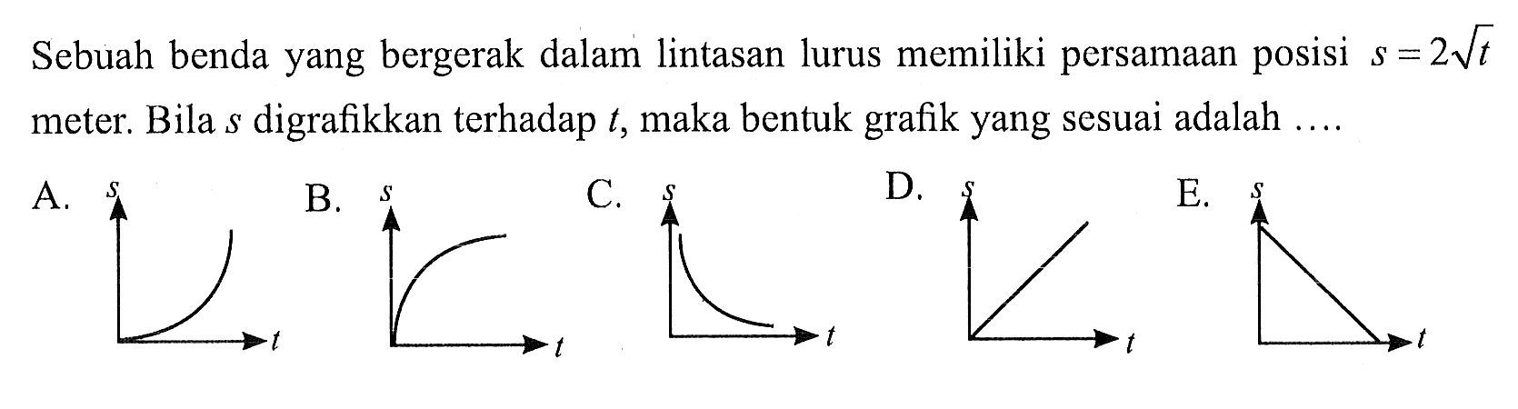 Sebuah benda yang bergerak dalam lintasan lurus memiliki persamaan posisi s = 2 akar(t) meter. Bila s digrafikkan terhadap t, maka bentuk grafik yang sesuai adalah .... 