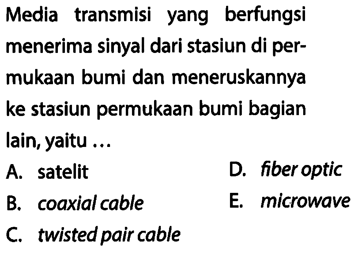 Media transmisi yang berfungsi menerima sinyal dari stasiun di permukaan bumi dan meneruskannya ke stasiun permukaan bumi bagian lain, yaitu ...