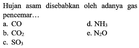 Hujan asam disebabkan oleh adanya gas pencemar...
