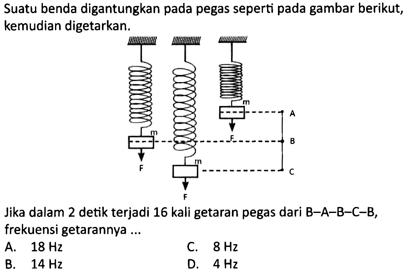 Suatu benda digantungkan pada pegas seperti pada gambar berikut, kemudian digetarkan.
Jika dalam 2 detik terjadi 16 kali getaran pegas dari B-A-B-C-B, frekuensi getarannya ...
A.  18 Hz 
C.  8 Hz 
B.  14 Hz 
D.  4 Hz 