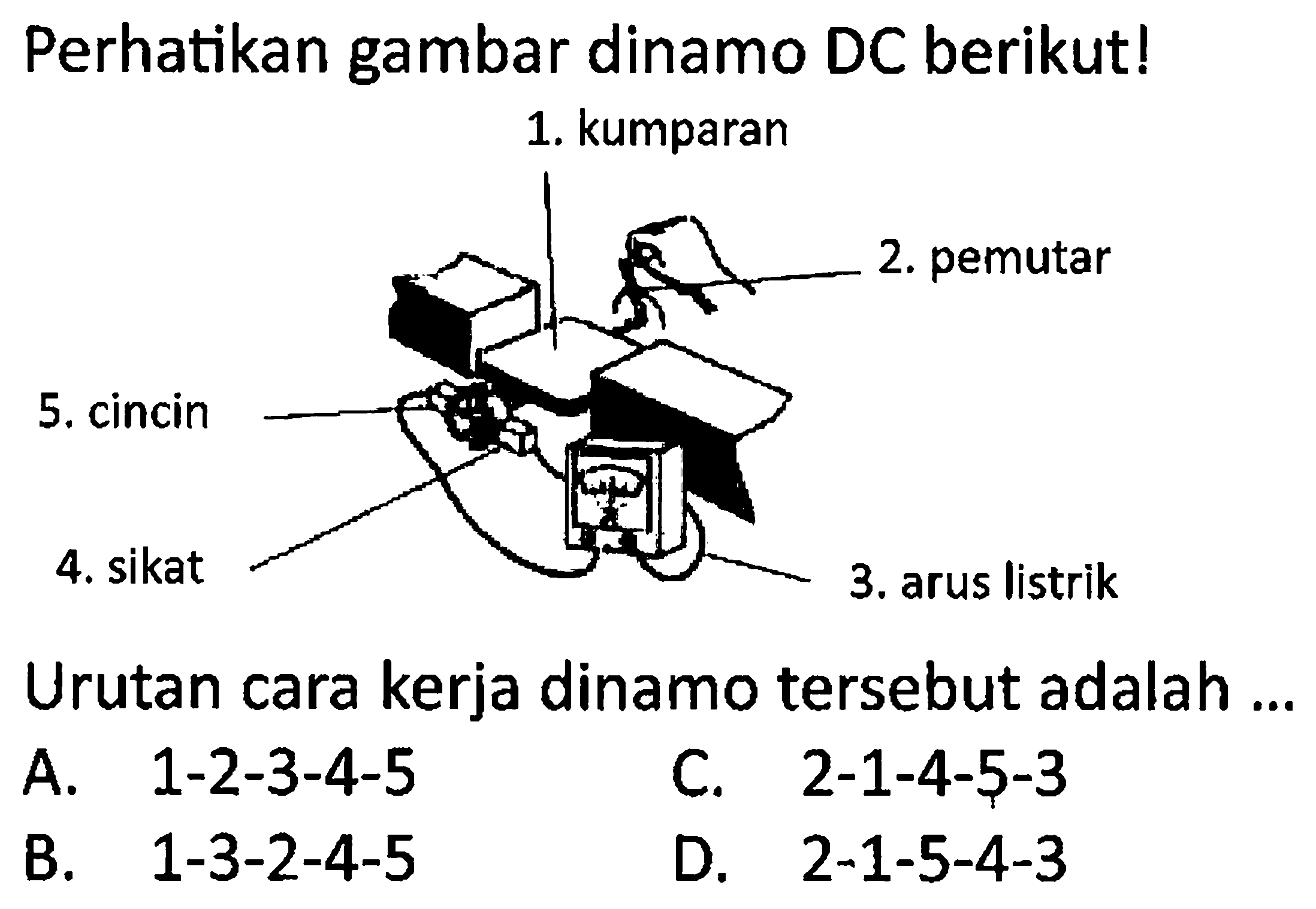 Perhatikan gambar dinamo DC berikut!
Urutan cara kerja dinamo tersebut adalah...
A.  1-2-3-4-5 
C. 2-1-4-5-3
B.  1-3-2-4-5 
D.  2-1-5-4-3 