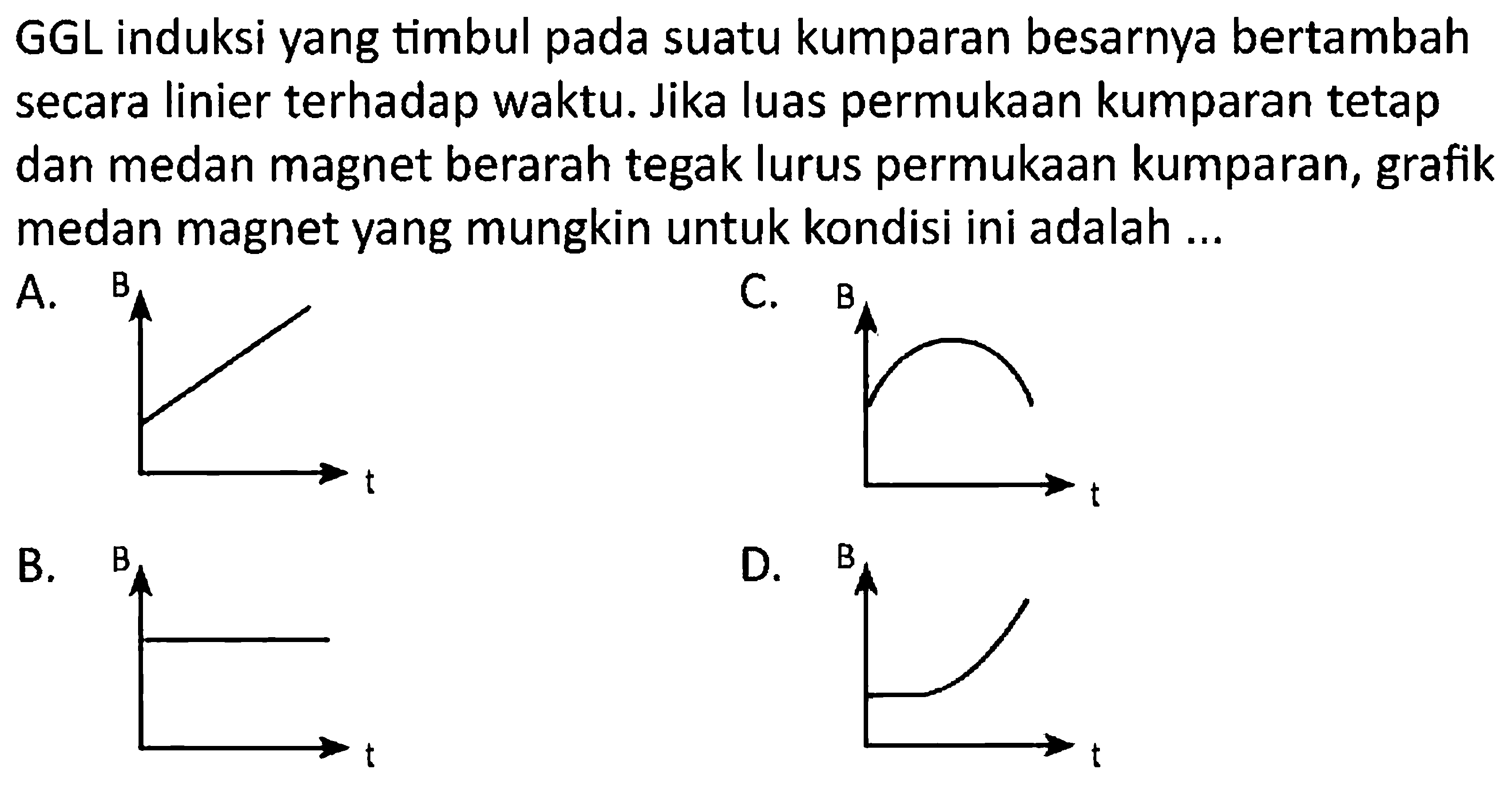 GGL induksi yang timbul pada suatu kumparan besarnya bertambah secara linier terhadap waktu. Jika luas permukaan kumparan tetap dan medan magnet berarah tegak lurus permukaan kumparan, grafik medan magnet yang mungkin untuk kondisi ini adalah ...
A. B t 
B. B t
C. B t 
D. B t