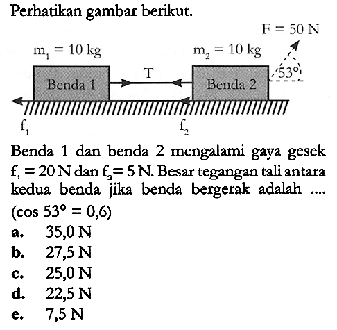 Perhatikan gambar berikut.
Benda 1 dan benda 2 mengalami gaya gesek  f_{1}=20 N  dan  f_{2}=5 N . Besar tegangan tali antara kedua benda jika benda bergerak adalah....  (cos 53=0,6) 
a.  35,0 N 
b.  27,5 N 
c.  25,0 N 
d.  22,5 N 
e.   7,5 N 
