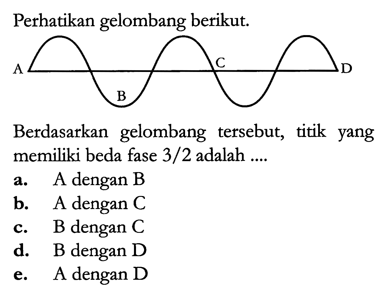 Perhatikan gelombang berikut.
A
Berdasarkan gelombang tersebut, titik yang memiliki beda fase  3 / 2  adalah ....
a. A dengan  B 
b. A dengan  C 
c.  B  dengan  C 
d.  B  dengan  D 
e. A dengan  D 