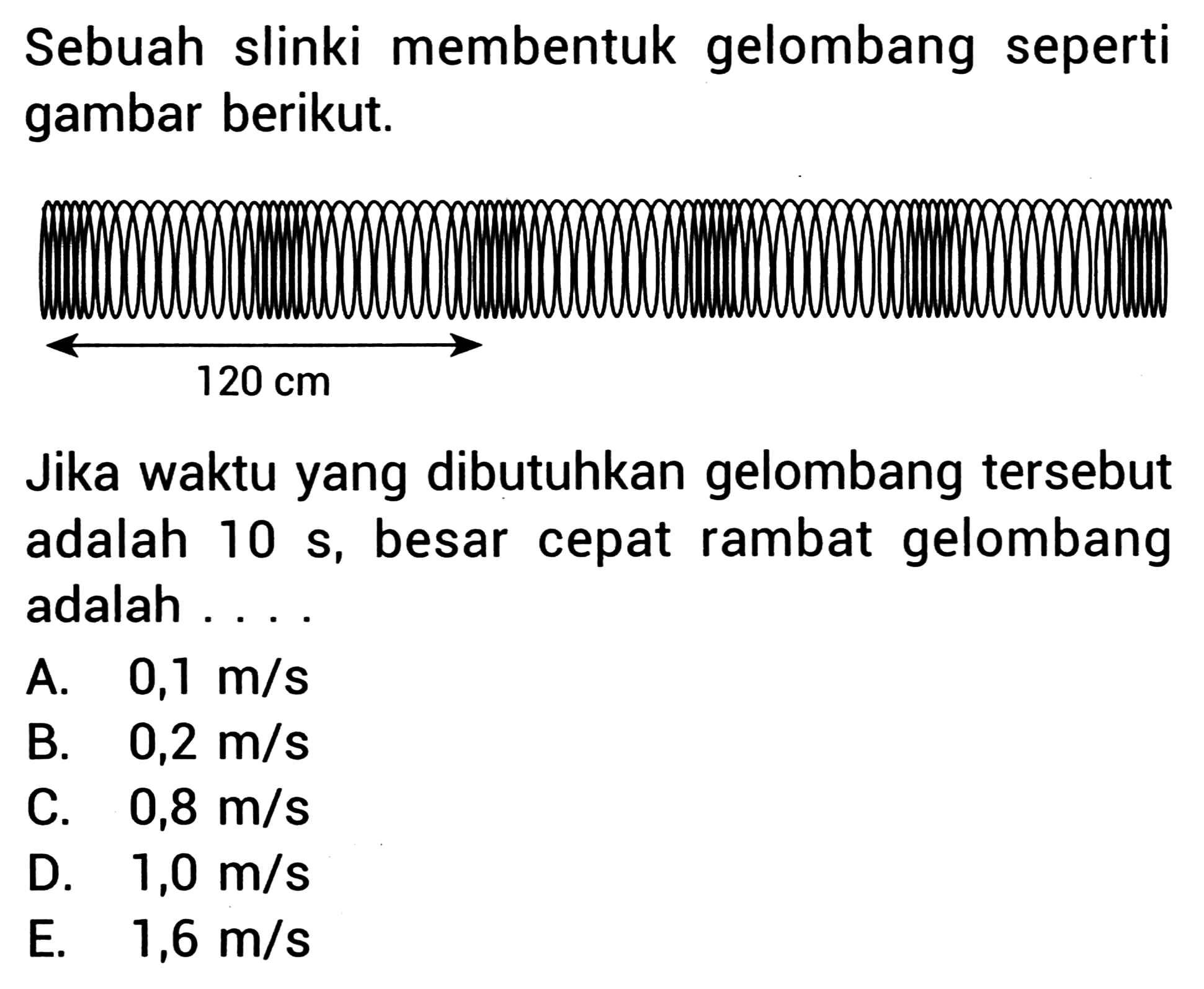 Sebuah slinki membentuk gelombang seperti gambar berikut. 120 cm Jika waktu yang dibutuhkan gelombang tersebut adalah 10 s, besar cepat rambat gelombang adalah ....