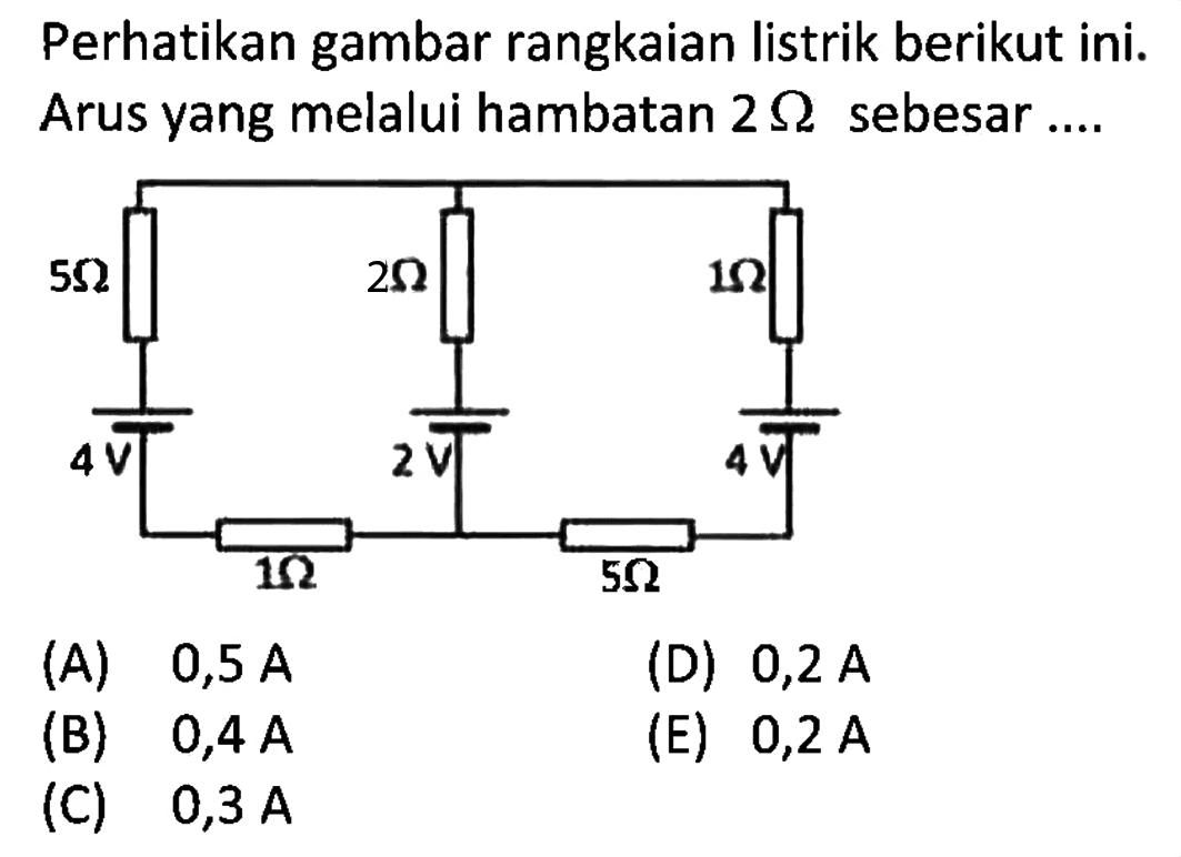 Perhatikan gambar rangkaian listrik berikut ini. Arus yang melalui hambatan 2 omega sebesar.... (A)  0,5 A (B)  0,4 A (C)  0,3 A (D)  0,2 A (E)  0,2 A  