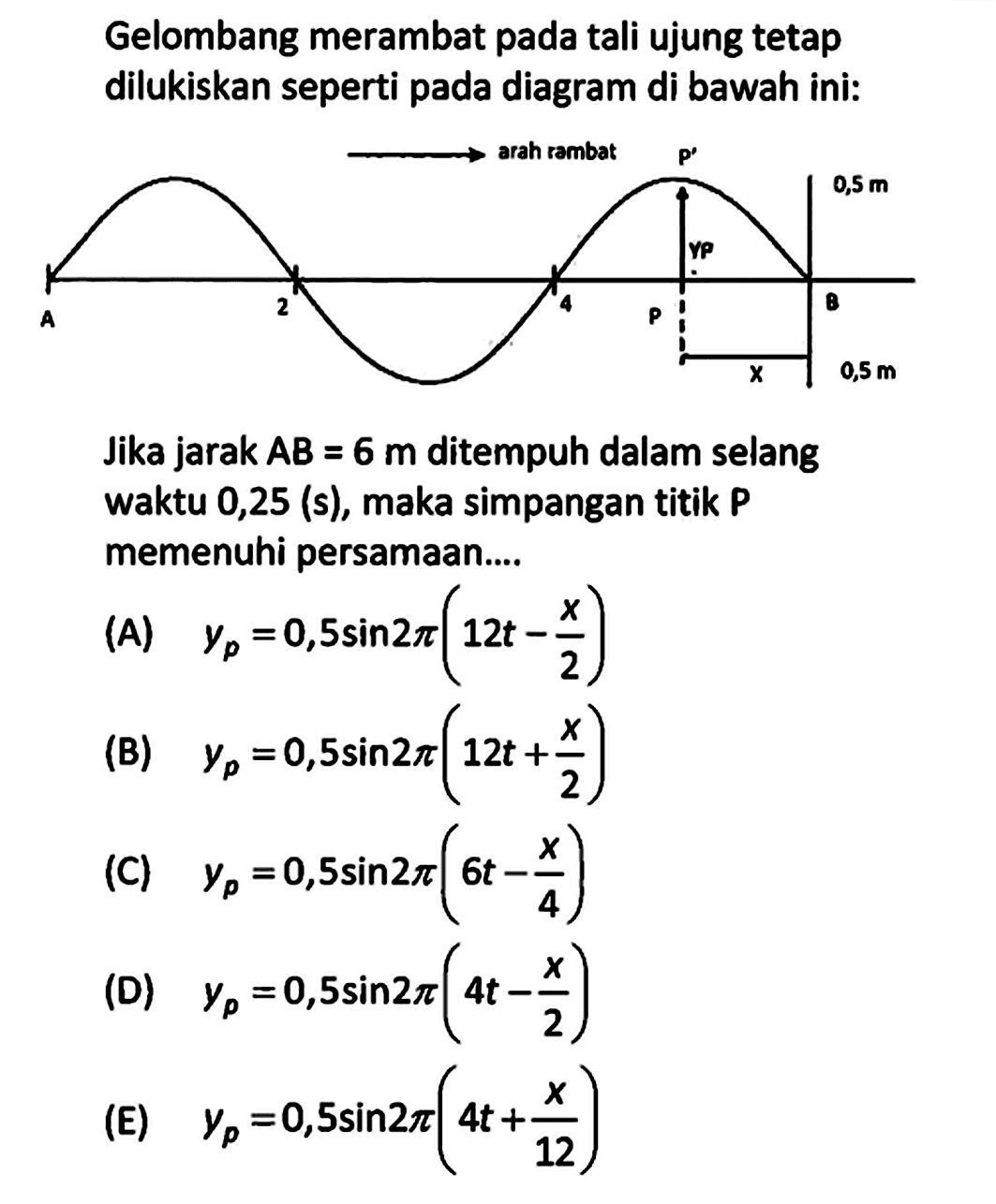 Gelombang merambat pada tali ujung tetap dilukiskan seperti pada diagram di bawah ini:Jika jarak AB=6 m ditempuh dalam selang waktu 0,25(s), maka simpangan titik memenuhi persamaan....