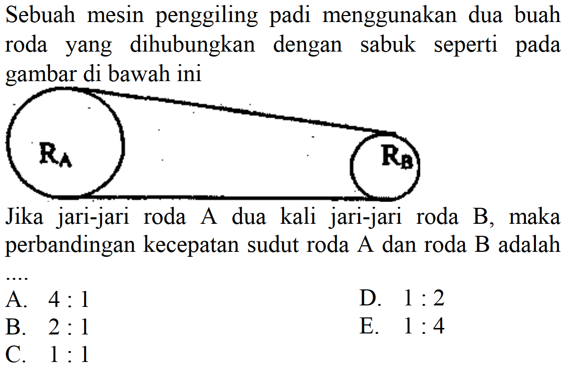 Sebuah mesin penggiling padi menggunakan dua buah roda yang dihubungkan dengan sabuk seperti pada gambar di bawah iniJika jari-jari roda A dua kali jari-jari roda B, maka perbandingan kecepatan sudut roda A dan roda B adalah.... 