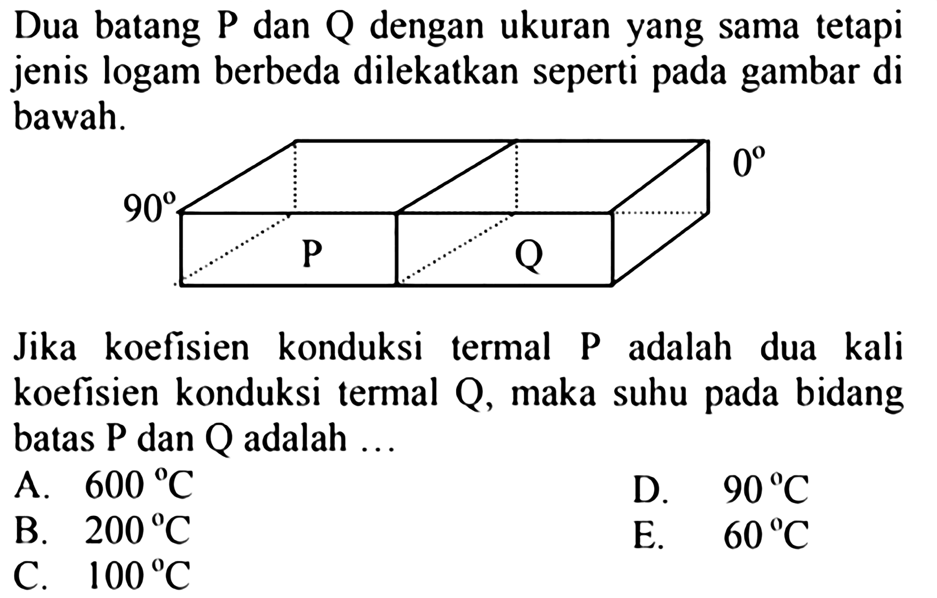 Dua batang P dan Q dengan ukuran yang sama tetapi jenis logam berbeda dilekatkan seperti pada gambar di bawah.90 P Q 0Jika koefisien konduksi termal P adalah dua kali koefisien konduksi termal Q, maka suhu pada bidang batas P dan Q adalah ...