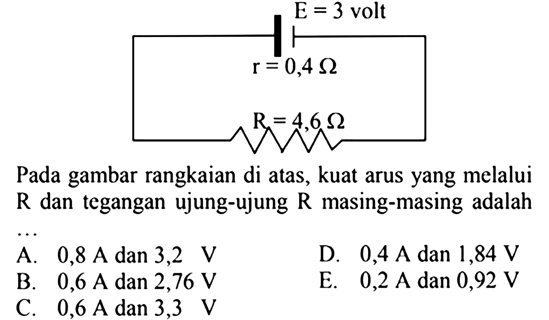 E = 3 volt r = 0,4 ohm R = 4,6 ohm Pada gambar rangkaian di atas, kuat arus yang melalui  R  dan tegangan ujung-ujung  R  masing-masing adalah... A.  0,8 A  dan  3,2 V 
D.  0,4 A  dan  1,84 V 
B.  0,6 A  dan  2,76 V 
E.  0,2 A  dan  0,92 V 
C.  0,6 A  dan  3,3 V 