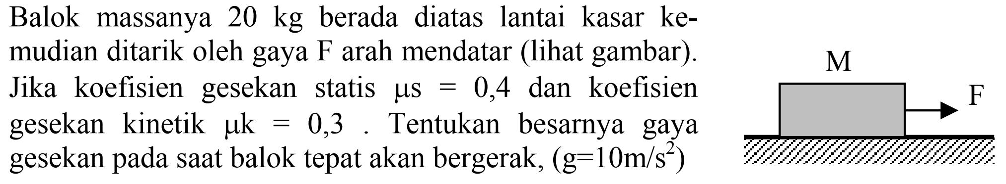 Balok  massanya 20 kg berada diatas lantai kasar kemudian ditarik oleh gaya F arah mendatar (lihat gambar). Jika koefisien gesekan statis mu s = 0,4 dan koefisien gesekan kinetik mu k = 0,3. Tentukan besarnya gaya gesekan pada saat balok tepat akan bergerak, (g=10 m/s^2) M F