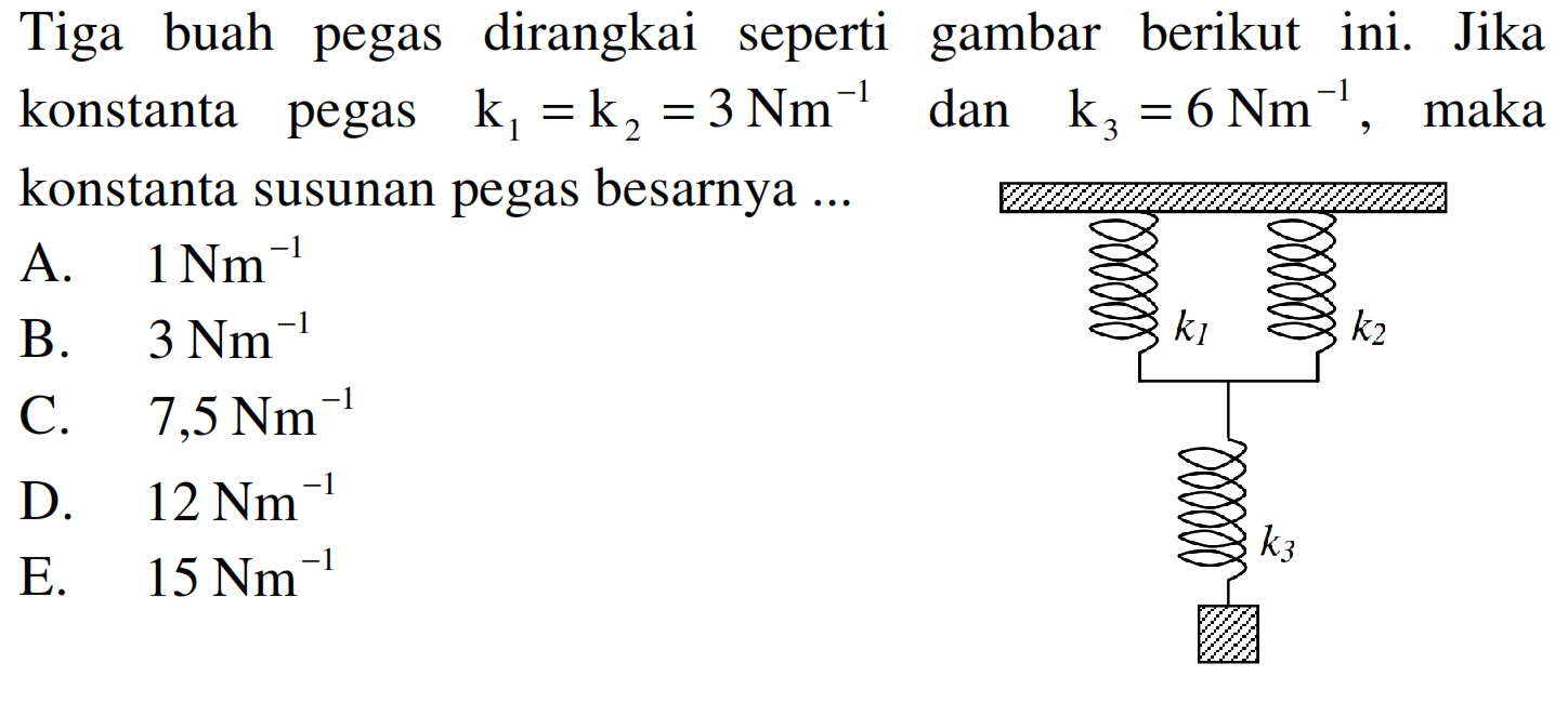 Tiga buah pegas dirangkai seperti gambar berikut ini. Jika konstanta pegas k1=k2=3 Nm^-1 dan k3=6 Nm^-1 , maka konstanta susunan pegas besarnya  ... 