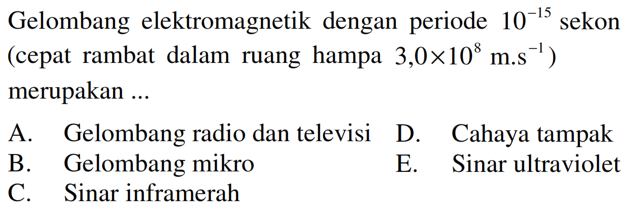 Gelombang elektromagnetik dengan periode  10^-15  sekon (cepat rambat dalam ruang hampa  3,0 x 10^8 m . s^-1  ) merupakan ...