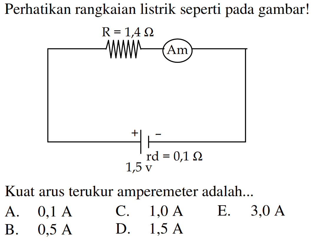 Perhatikan rangkaian listrik seperti pada gambar!Kuat arus terukur amperemeter adalah... R=1,4 Ohm, rd=0,1 ohmA. 0,1 A           B. 0,5 A C. 1,0 A    D. 1,5 A   E. 3,0 A 