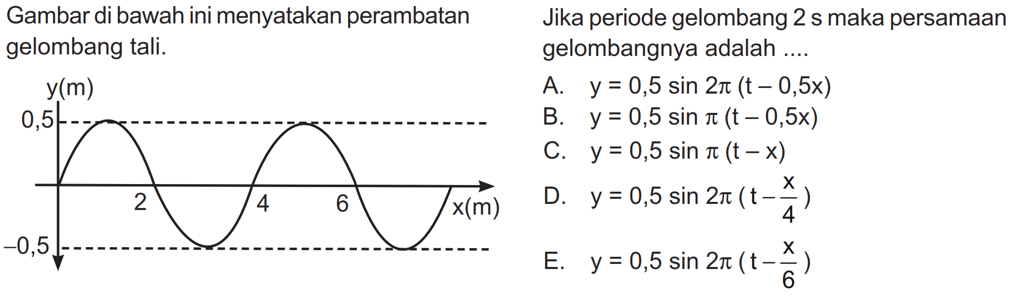 Gambar di bawah ini menyatakan perambatan gelombang tali
y(m) 0,5 2 4 6 x(m) -0,5 Jika periode gelombang 2 s maka persamaan gelombangnya adalah ...