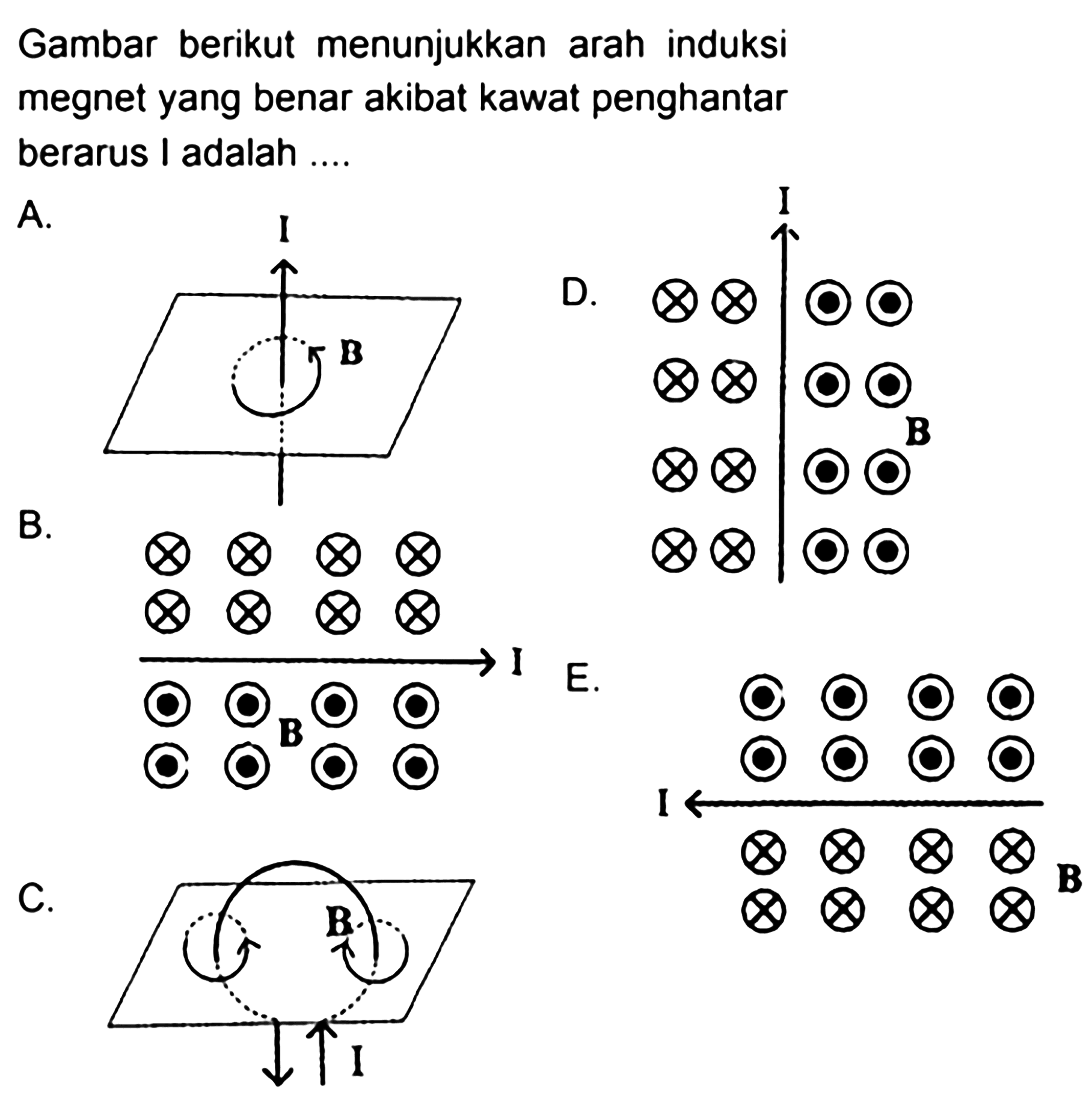 Gambar berikut menunjukkan arah induksi megnet yang benar akibat kawat penghantar berarus I adalah A. I B D. I B B. I B E. I B C. B I