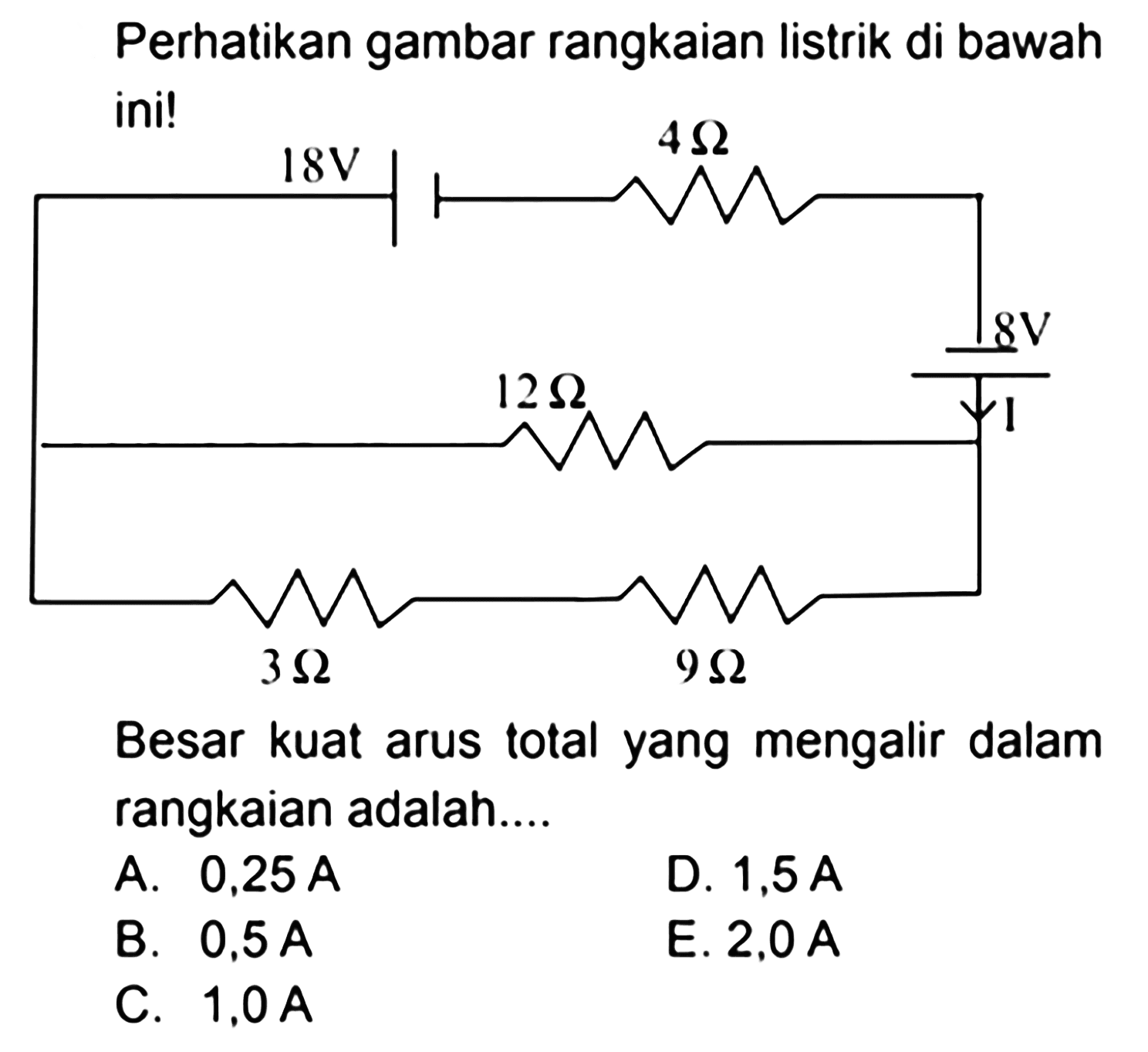 Perhatikan gambar rangkaian listrik di bawah ini!

Besar kuat arus total yang mengalir dalam rangkaian adalah....
