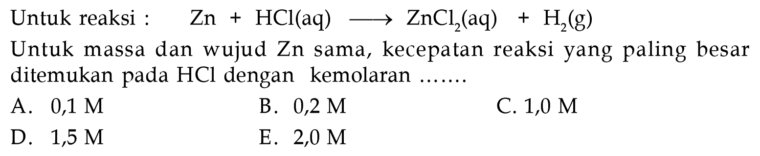 Untuk reaksi : 
Zn + HCl (aq) -> ZnCl2 (aq) + H2 (g) 
Untuk massa dan wujud Zn sama, kecepatan reaksi yang paling besar ditemukan pada HCl dengan kemolaran .... 