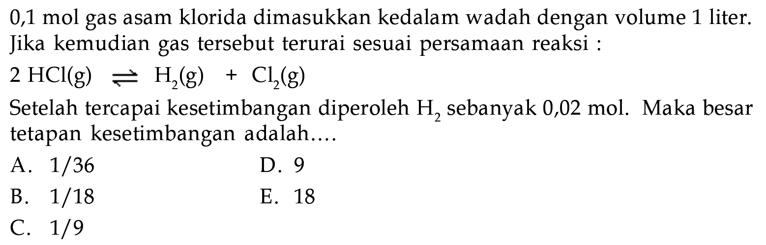 0,1 mol gas asam klorida dimasukkan kedalam wadah dengan volume 1 liter. Jika kemudian gas tersebut terurai sesuai persamaan reaksi: 2 HCl (g) <=> H2 (g) + Cl2 (g) 
Setelah tercapai kesetimbangan diperoleh H2 sebanyak 0,02 mol. Maka besar tetapan kesetimbangan adalah 