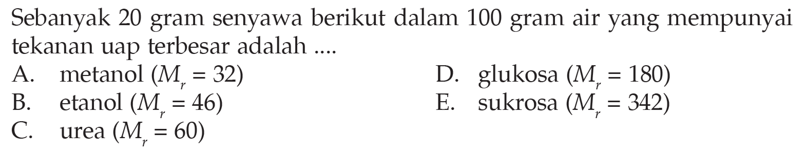 Sebanyak 20 gram senyawa berikut dalam 100 gram air yang mempunyai tekanan uap tersebut adalah .... 