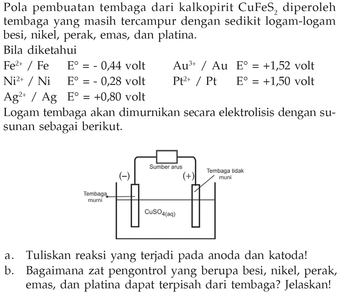 Pola pembuatan tembaga dari kalkopirit  CuFeS2 diperoleh tembaga yang masih tercampur dengan sedikit logam-logam besi, nikel, perak, emas, dan platina.
Bila diketahui
 Fe^(2+) / Fe  E=-0,44 volt   
Au^(3+) / Au  E=+1,52 volt  
Ni^(2+) / Ni  E=-0,28 volt 
Pt^(2+) / Pt  E=+1,50 volt
Ag^(2+) / Ag  E=+0,80 volt
Logam tembaga akan dimurnikan secara elektrolisis dengan susunan sebagai berikut.
a. Tuliskan reaksi yang terjadi pada anoda dan katoda!
b. Bagaimana zat pengontrol yang berupa besi, nikel, perak, emas, dan platina dapat terpisah dari tembaga? Jelaskan!