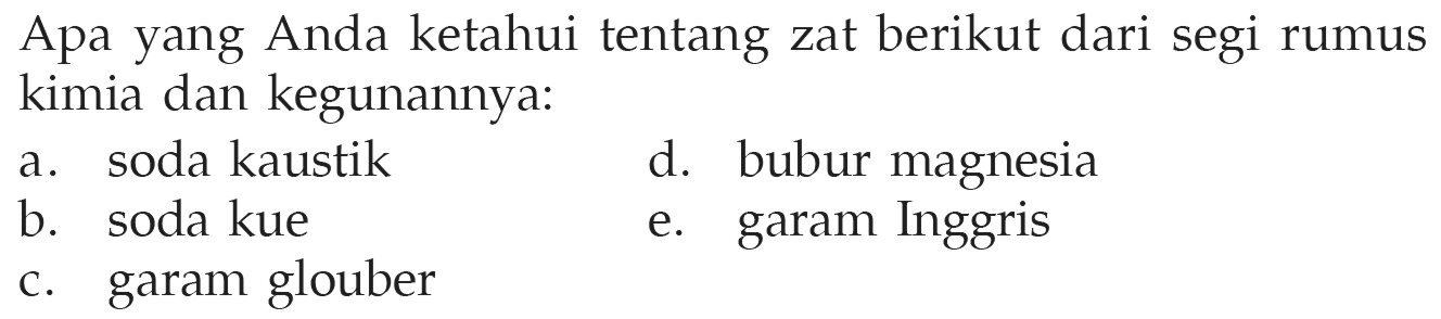 Apa yang Anda ketahui tentang zat berikut dari segi rumus kimia dan kegunaannya: 
a. soda kaustik 
b. soda kue 
c. garam glouber 
d. bubur magnesia 
e. garam Inggris