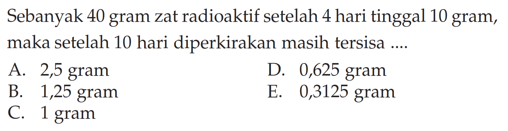 Sebanyak 40 gram zat radioaktif setelah 4 hari tinggal 10 gram, maka setelah 10 hari diperkirakan masih tersisa ....