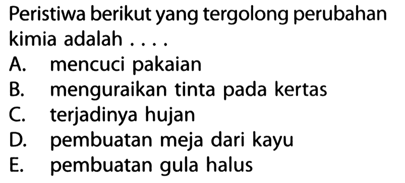 Peristiwa berikut yang tergolong perubahan kimia adalah ....
