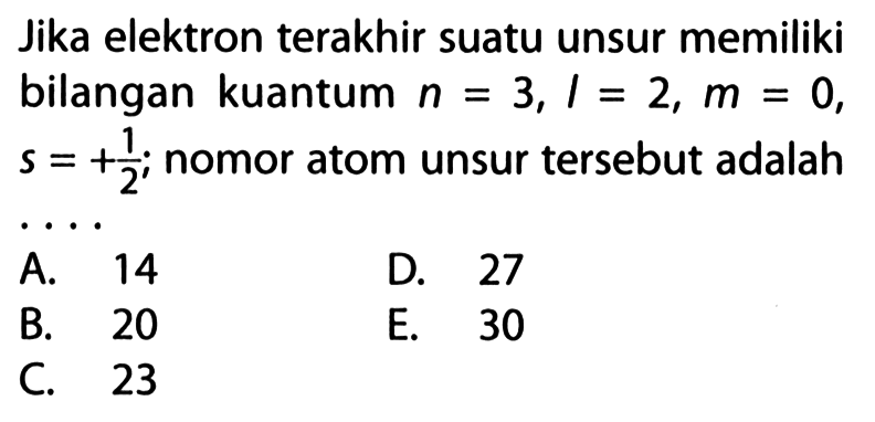 Jika elektron terakhir suatu unsur memiiliki bilangan kuantum n = 3, l = 2, m = 0, s = +1/2; nomor atom unsur tersebut adalah . . . . 